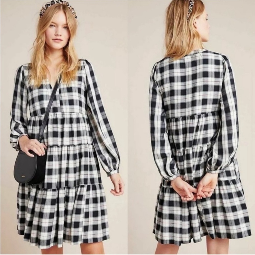 NWT Anthropologie Maeve Amber Plaid Tiered Tunic Dress Black White Ruffled XS